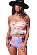 Load image into Gallery viewer, Blue Printed Smocked High waisted swimsuits
