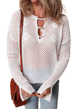 Load image into Gallery viewer, White Open Knit Buttoned Neck Split Sleeve Sweater
