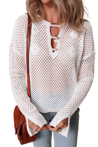 White Open Knit Buttoned Neck Split Sleeve Sweater