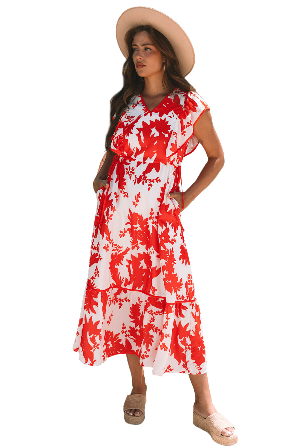 Red Floral Print Trimmed V Neck Ruffle Sleeve Long Dress