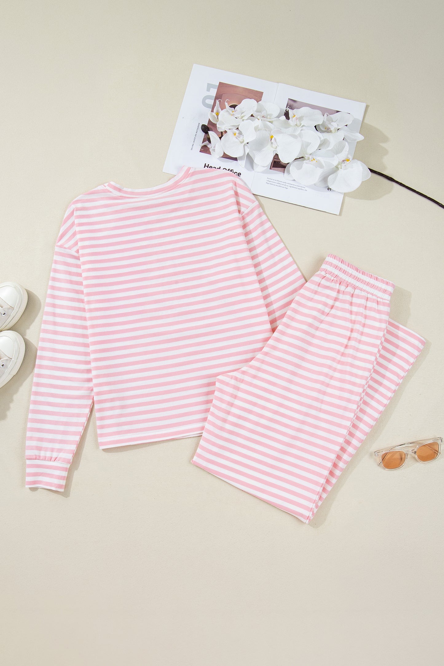 Pink Stripe Drop Shoulder Round Neck Top and Buttoned Straight Pants Two Piece Set