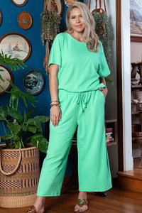 Mint Green Textured Batwing Sleeve Tee Wide Leg Pants Plus Size Set