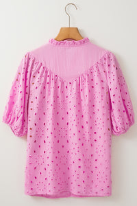 Bonbon Flower Embroidered Hollow-out Puff Sleeve Blouse