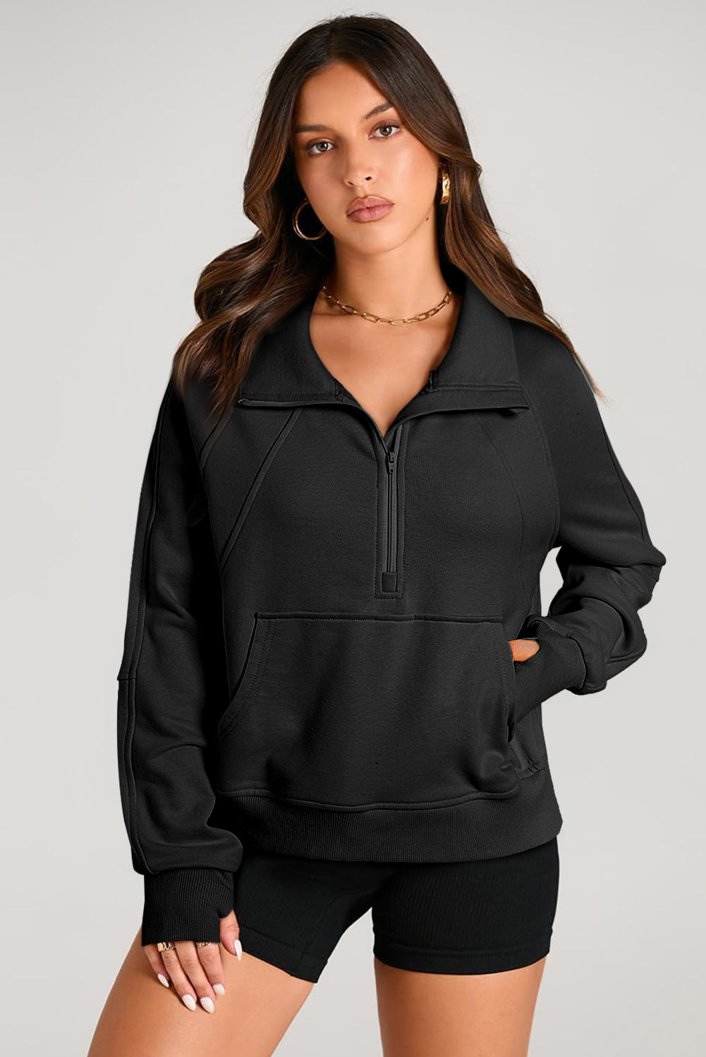 Aruba Blue Quarter Zip Stand Neck Kangaroo Pocket Sweatshirt