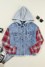 Load image into Gallery viewer, Beau Blue Plaid Print Patchwork Hooded Raw Hem Denim Jacket
