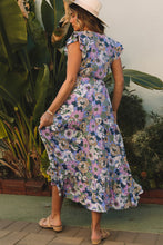 Load image into Gallery viewer, Purple Layered Ruffle Sleeves Long Floral Dress
