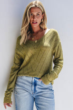 Load image into Gallery viewer, Sage Green Solid Eyelet Drop Shoulder V Neck Sweater
