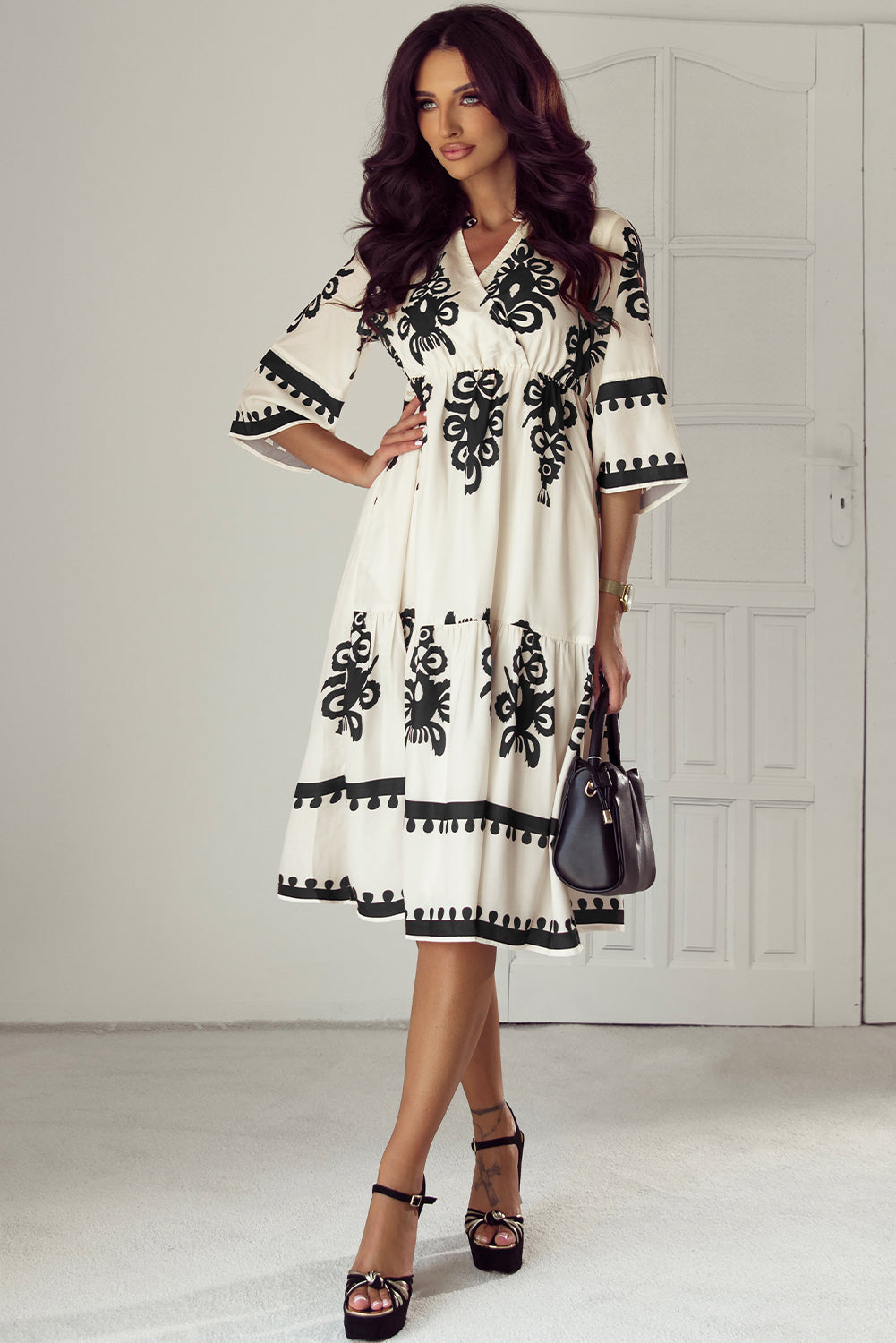 Beige Western Geometric Print 3/4 Sleeve Loose Midi Dress Addicted2Stuff Beige Western Geometric Print 3/4 Sleeve Loose Midi Dress Addicted2Stuff