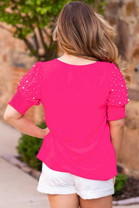 Rose Red Pearl Detail Puff Sleeve Plus Size Top