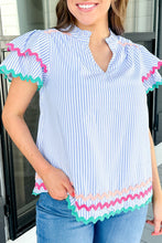 Load image into Gallery viewer, Sky Blue Stripe Ricrac Trim Split Neck Striped Ruffled Sleeve Blouse
