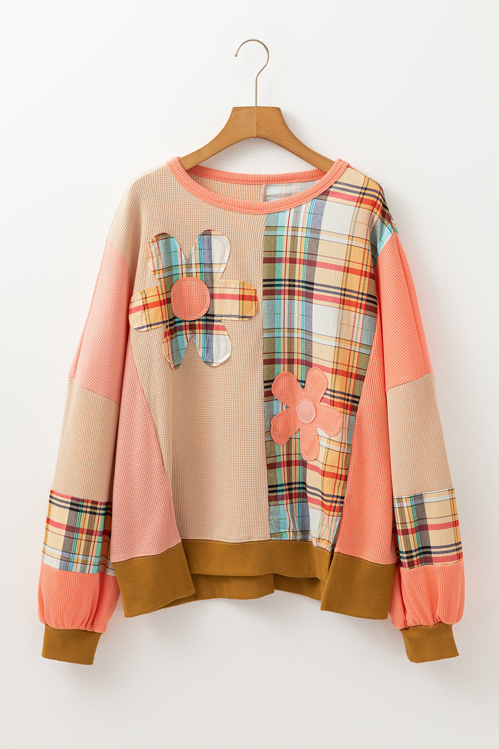 Multicolour Waffle Knit Plaid Patchwork Side Slits Loose Sweatshirt