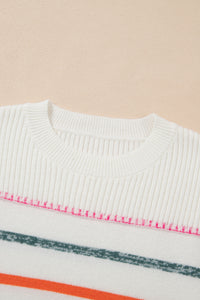 White Colorful Striped Ribbed Trim Sweater