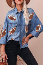 Load image into Gallery viewer, Sky Blue Sequin Patchwork Flap Pockets Raw Hem Denim Jacket
