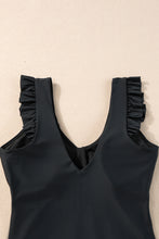 Load image into Gallery viewer, Black Ruffled Trim Ruched One Piece Bathing Suit
