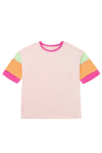 Pink Color Block Stitching Sleeve Round Neck Oversize Top