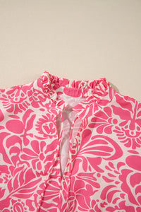 Pink Plus Size Floral Print Frilled Neck Puff Sleeve Top