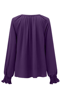 Green Pleated V Neck Puffy Sleeve Blouse