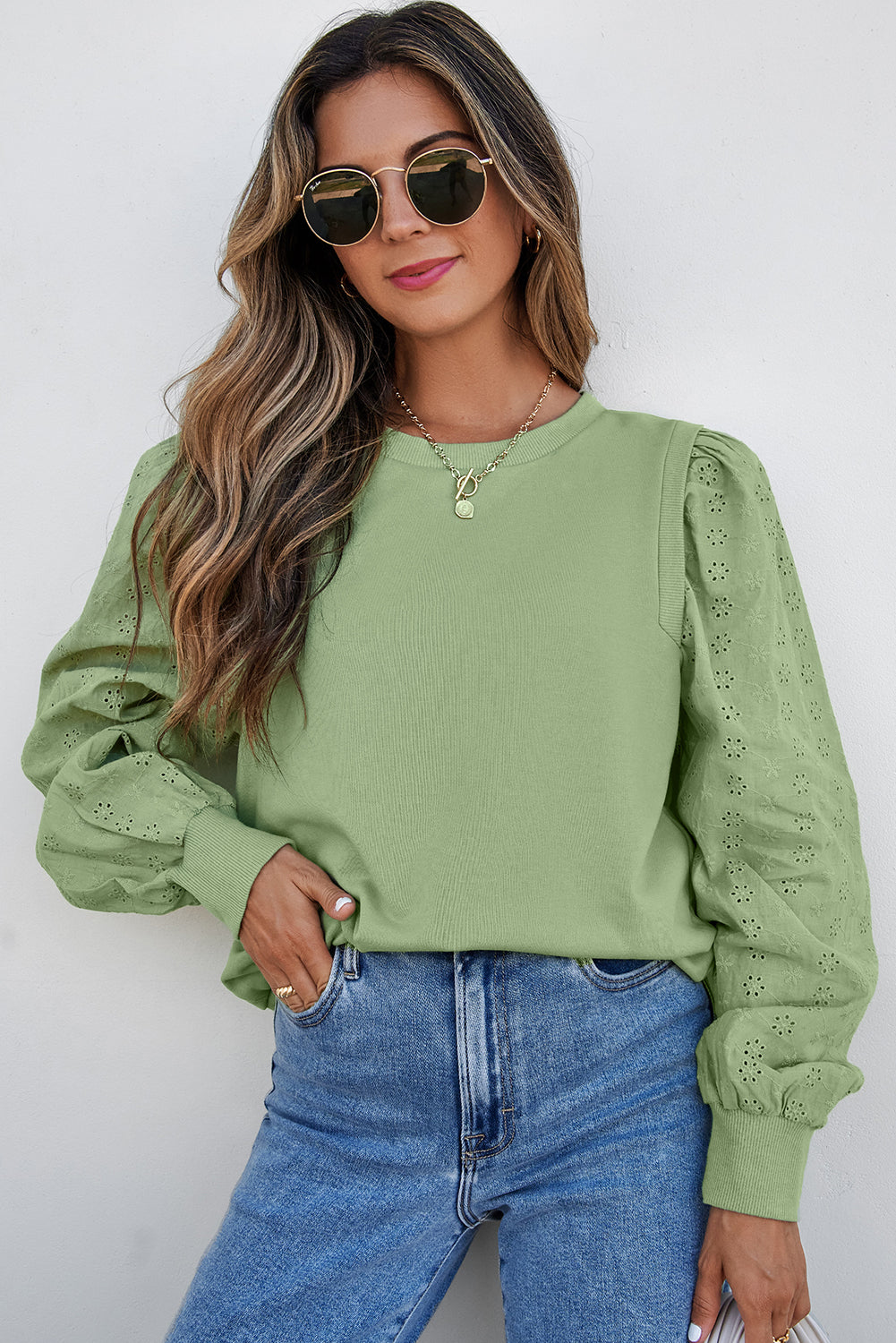 Mist Green Solid Patchwork Sleeve Round Neck Sweatshirt