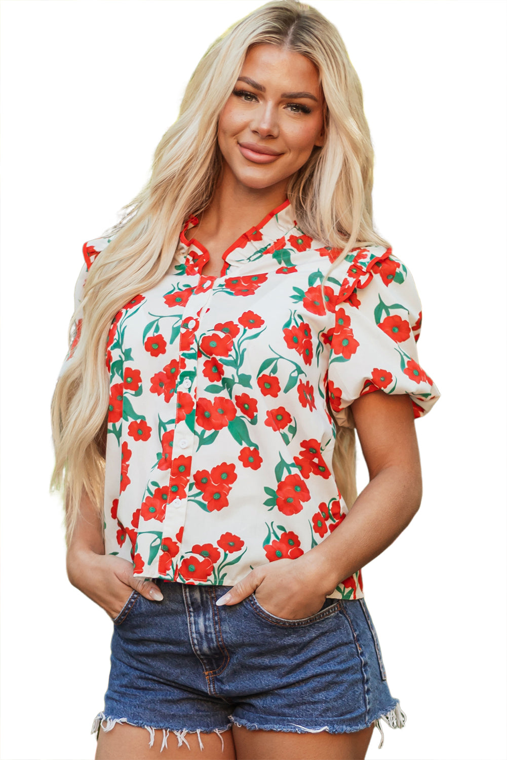 Red Floral Print Ruffled Puff Sleeve Elegant Summer Shirt