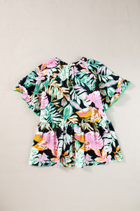 Black Plus Tropical Print Ruffled Sleeve Flowy Blouse