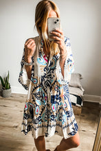 Load image into Gallery viewer, White Printed Tribal Print Bracelet Sleeve Buttoned Mini Dress
