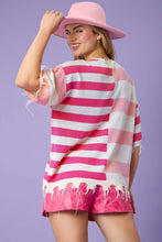 Load image into Gallery viewer, White Stripe Half Button Distressed Patchwork Loose Knit Top
