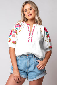 White Floral Embroidered Ricrac Puff Sleeve Textured Blouse