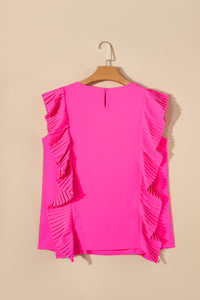 Bright Pink Pleated Ruffle Patchwork Sleeveless Blouse