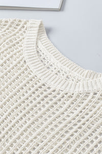 Apricot Fishnet Knit Ribbed Round Neck Short Sleeve Sweater Tee