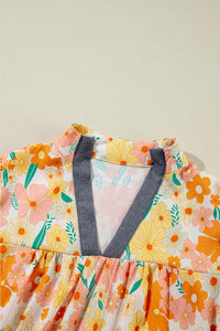 Multicolour Floral Print Bubble Sleeve V Neck Blouse