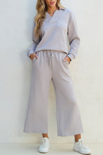 Load image into Gallery viewer, Light Grey Solid Textured Collared V Neck Top and Wide Leg Pants Set
