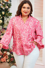 Load image into Gallery viewer, Pink Plus Size Floral Print Frilled Neck Puff Sleeve Top
