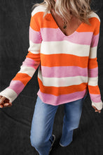 Load image into Gallery viewer, Orange Stripe Colorblock V Neck Casual Sweater
