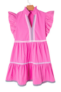 Strawberry Pink Ric Rac Colorblock Flutter Sleeve V Neck Tiered Dress