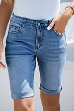 Load image into Gallery viewer, Sky Blue Acid Wash Roll-up Edge Bermuda Short Jeans
