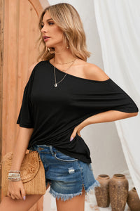 Black Solid Asymmetrical Neck Loose Casual T-Shirt