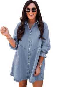 Gray Buttoned Long Sleeve Denim Mini Dress