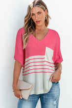 Load image into Gallery viewer, Strawberry Pink Contrast Stripes V Neck Knitted Short Sleeve Top
