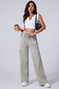 Light Grey Multi Pockets Lace-up High Waist Wide Leg Workout Pants