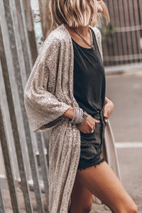 Black Sequin 3/4 Sleeve Open Front Duster Kimono