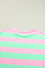 Load image into Gallery viewer, Pink Stripe Colorblock Cuffed Sleeve Loose Tee
