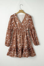 Load image into Gallery viewer, Brown Boho Floral Ruffled Puff Sleeve V Neck Mini Dress
