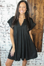 Load image into Gallery viewer, Black Textured V Neck Short Sleeve Pockted Mini Dress
