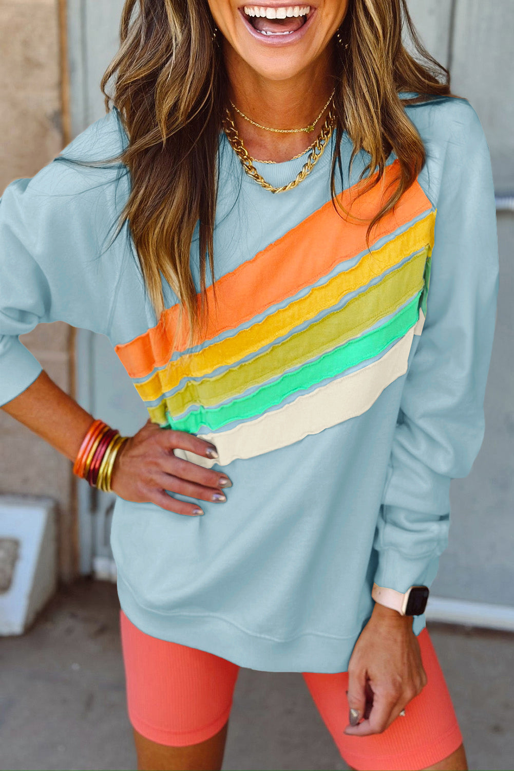 Apricot Rainbow Colorblock Striped Pullover Sweatshirt