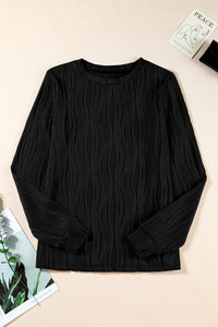 Black Textured Wavy Round Neck Long Sleeve Top