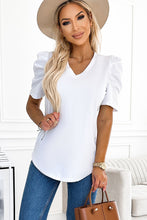 Load image into Gallery viewer, White Puff Sleeve V-Neck T-Shirt
