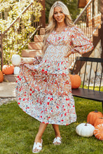 Load image into Gallery viewer, Khaki Floral Print Ruffled Tiered Long Sleeve V Neck Midi Dress
