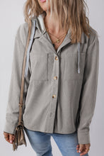 Load image into Gallery viewer, Light Grey Hooded Drawstring Pockets Corduroy Shacket
