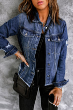 Load image into Gallery viewer, Sky Blue Lapel Distressed Raw Hem Buttons Denim Jacket
