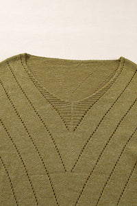 Sage Green Solid Eyelet Drop Shoulder V Neck Sweater